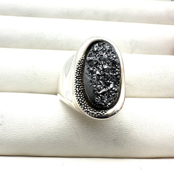 Michael Dawkins Ring Sterling Silver Black Druzy Quartz Size 9 - Picture 3 of 5